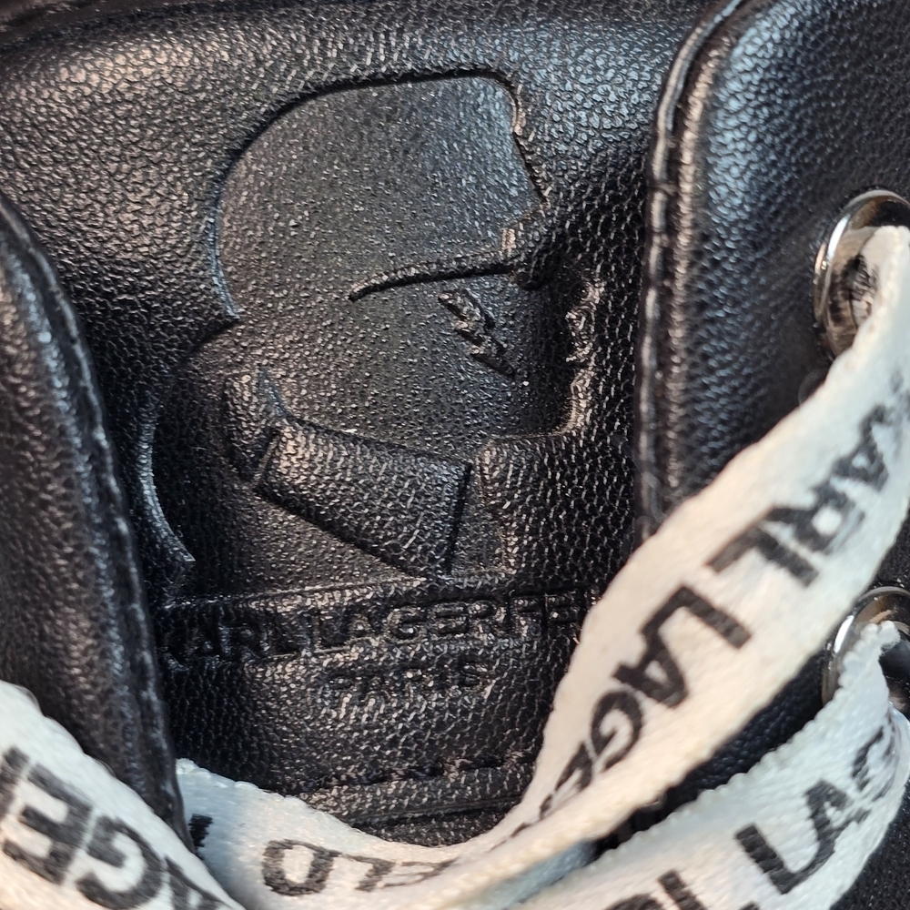 Karl Lagerfeld CYLIE LOW TOP SNEAKER FAUX BLACK LEATHER BOLD LOGO WOMENS 9.5 - Picture 11 of 12